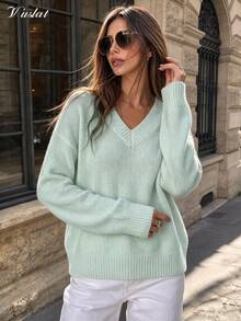 Vuslat Women's Autumn/Winter Loose V-Neck Solid Color Knit Sweater, Lazy Pullover Short Knit Basic Top For Commuting, Dating, Party, Christmas - Mint Blue - View 4