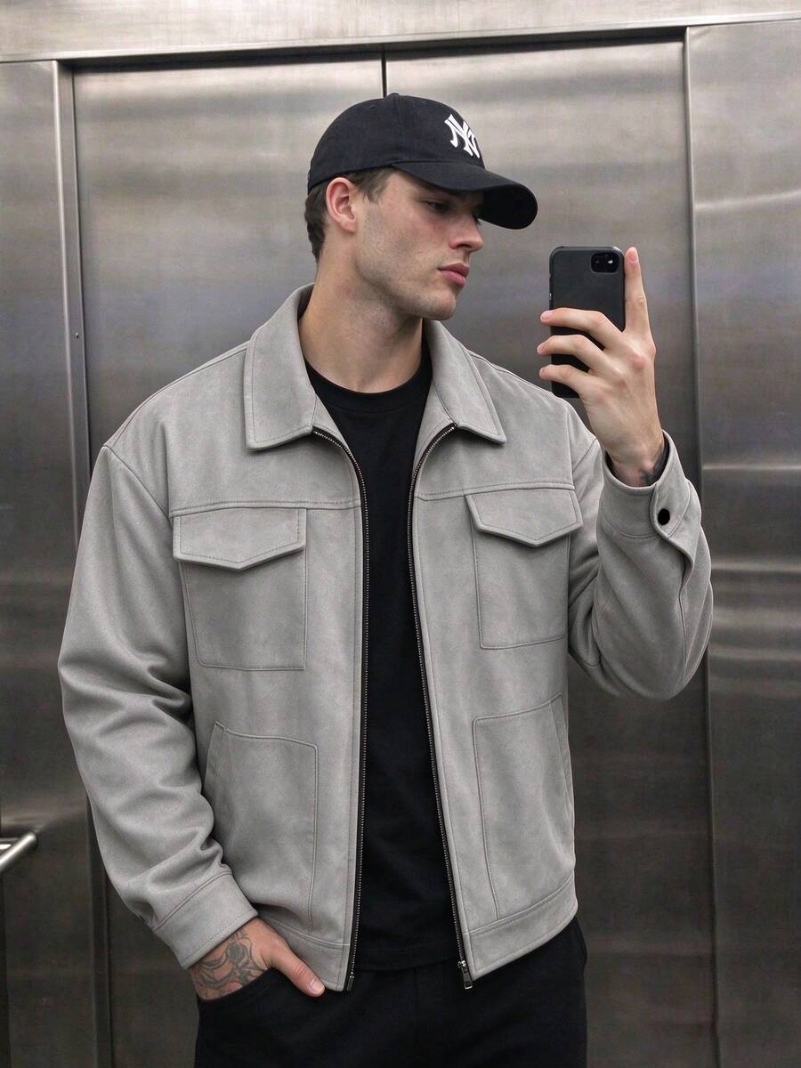 GloMan Old Money Men's Grey Loose Fit Patchwork Side Pocket Full Zip Short Jacket, Suitable For Autumn/Winter Daily Wear, Dating, Halloween, Christmas, Gift For Husband/Father - Light Grey - View 1