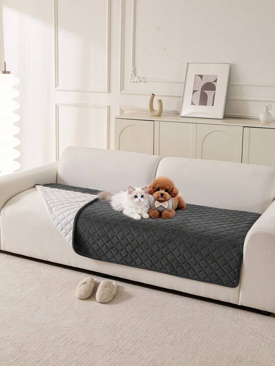 1pc Thick Solid Color Plaid Sofa Cover, Splash-Proof, Dirt-Resistant, Non-Slip, All-Season, Machine Washable, Suitable For Cats And Dogs - Dark Grey - View 1