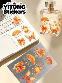 1PC Autumn Maple Leaf Chinese Style Sticker, Fan Lantern Butterfly Piano Element Decorative Sticker, Suitable For Aromatherapy Bottles, Water Cups, Notebooks, Earphone Cases And Other Smooth Hard Surfaces, Used To Decorate Items And Create A Warm Vintage Chinese Style Autumn Atmosphere, Suitable For Handmade Decoration - one-size - View 1