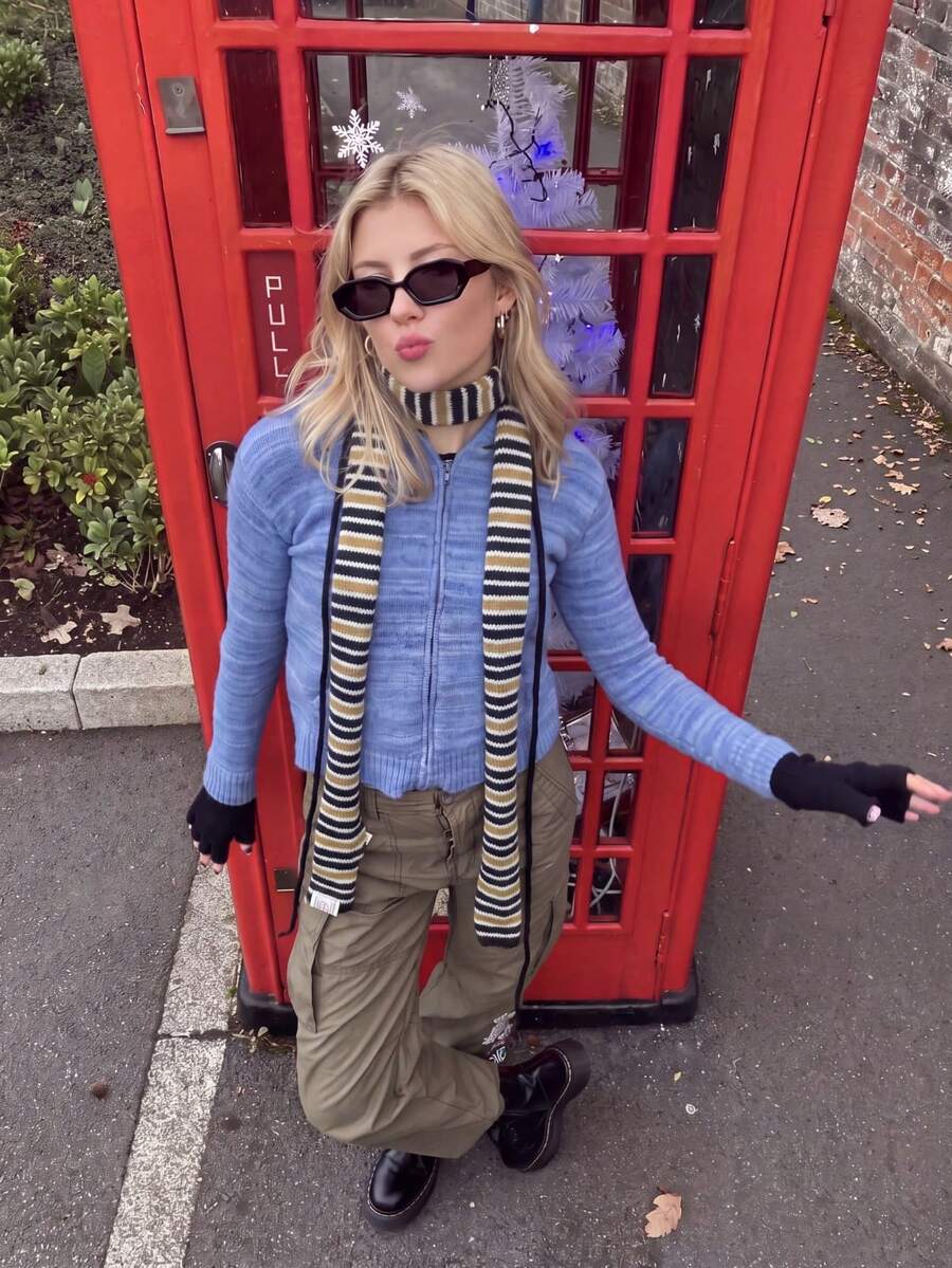1PC Women's Y2K Colorblock Striped Wool Blend Long Scarf, Slim Draping Style, Halloween Party Hot Girl Vibe Outfit - Dark Green - View 1
