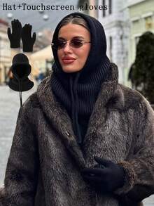 OBOVAY 1pc/2pcs Women's Black Balaclava Drawstring Faux Collar Wool Shawl Hat Outdoor Skiing Warm Knitted Face Neck Protection Mask Hood Warm Small Cape Hood Suitable For Winter Cold Protection Random Style Delivery Bonnet Christmas Gift No Thermal Lined - Black - View 4