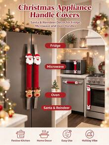 2pcs Red Christmas Refrigerator Handle Covers, Santa Claus, Reindeer And Snowflake Patterns, Soft Elastic Removable Anti-Fouling Anti-Scratch Appliance Handle Covers, Suitable For Refrigerator, Dishwasher, Microwave, Christmas Decoration - Multicolor - View 3