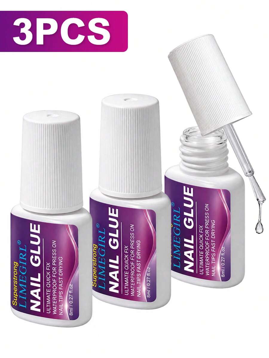 LIMEGIRL Super Strong Nail Glue For Press On Nails, 3PCS 8ml Fast Drying Nail Tip Glue, Waterproof & Long Lasting Adhesive For Fake Nails - 3PCS Nail Glue Set - View 1