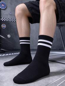 1/3/5 Pairs Men & Women Solid Color Striped Knee-High Socks, Versatile Preppy Style Long Knee Socks - Multicolor - View 4