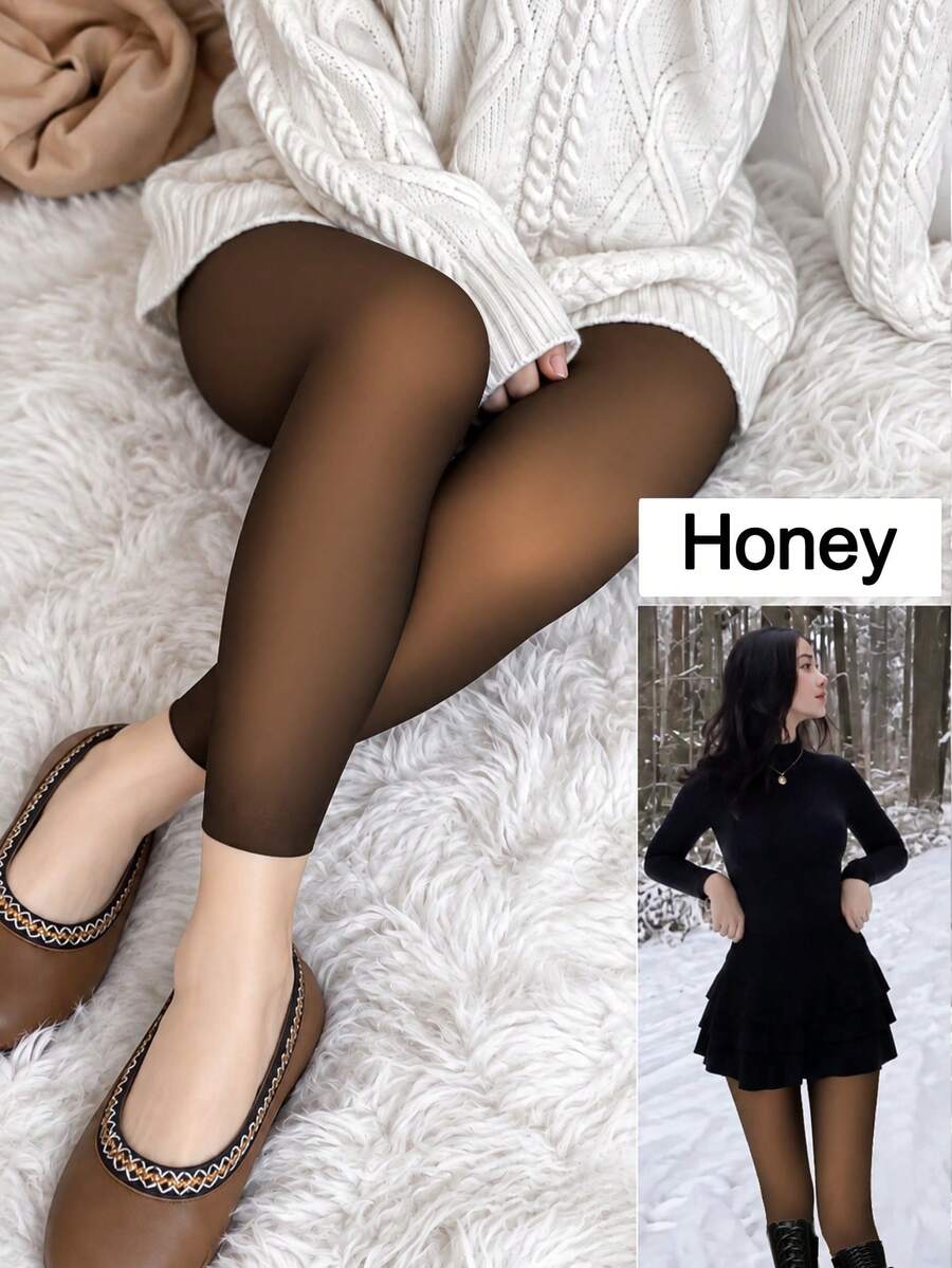 女款時尚加厚抓絨內裡平腰仿透視短款緊身褲,修身收腹塑形,適合日常通勤與休閒穿著 - 銅色 - 查看 1
