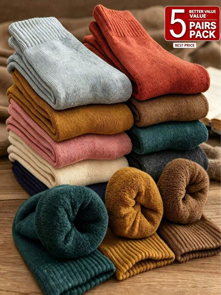 Unisex Thick Wool Socks, Warm Fleece Lined Mid-Calf Socks, Soft Winter Warm Socks, Multiple Colors Available - Multicolor - View 1