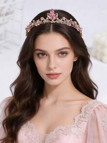 1件歐洲女款時尚公主3D皇冠甜美奢華水鑽生日髮飾髮箍 - 粉色 - 查看 4