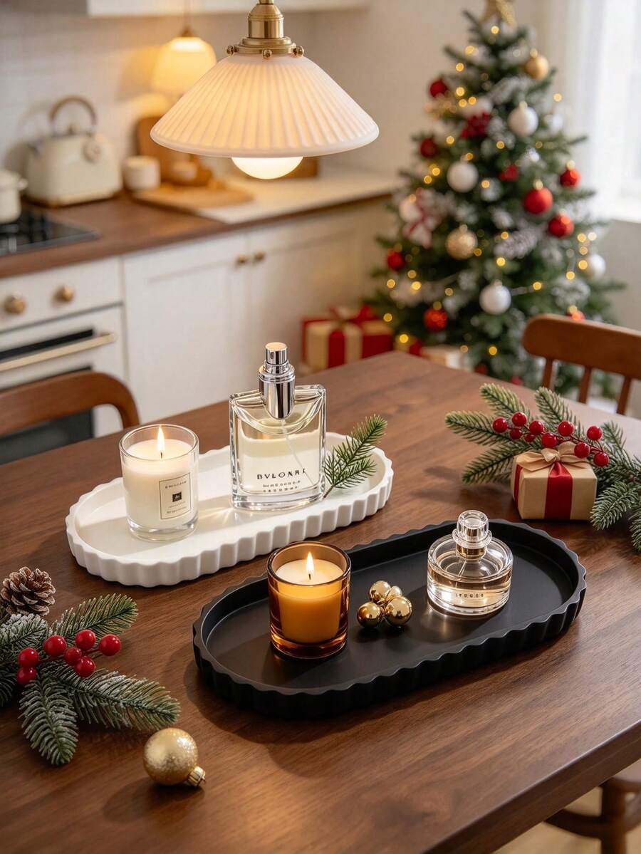 1pc Christmas Scalloped Decorative Tray, Oval Tabletop Tray, Ceramic Storage Tray For Candle, Perfume, Cosmetics, Elegant Vanity Tray, Multi-Purpose Serving Tray, Decor Tray For Bedroom, Bathroom, Christmas Table Home Decor