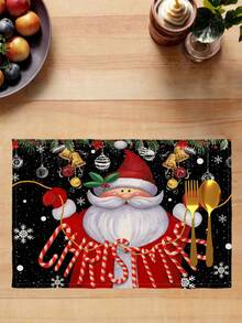 2/4/6Pcs Christmas Placemat, Black Background Santa Claus Candy Cane Print Linen Table Mat, Winter Holiday Table Decor For Dining Table, Farmhouse Xmas Party Kitchen Tabletop Decoration, Holiday Season Table Accessory - Black - View 1