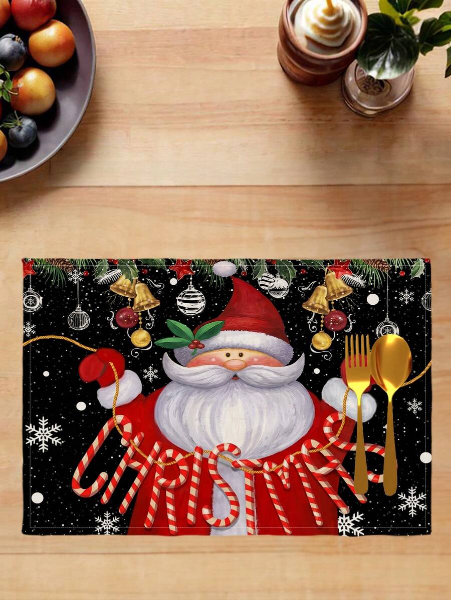 2/4/6Pcs Christmas Placemat, Black Background Santa Claus Candy Cane Print Linen Table Mat, Winter Holiday Table Decor For Dining Table, Farmhouse Xmas Party Kitchen Tabletop Decoration, Holiday Season Table Accessory - Black - View 1