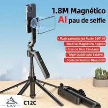 Tripé 1.8 Metros Magnético Bastão de selfie Com Rastreamento Facial de IA com câmera dupla 360° LAY C12C - Preto - Visão 5