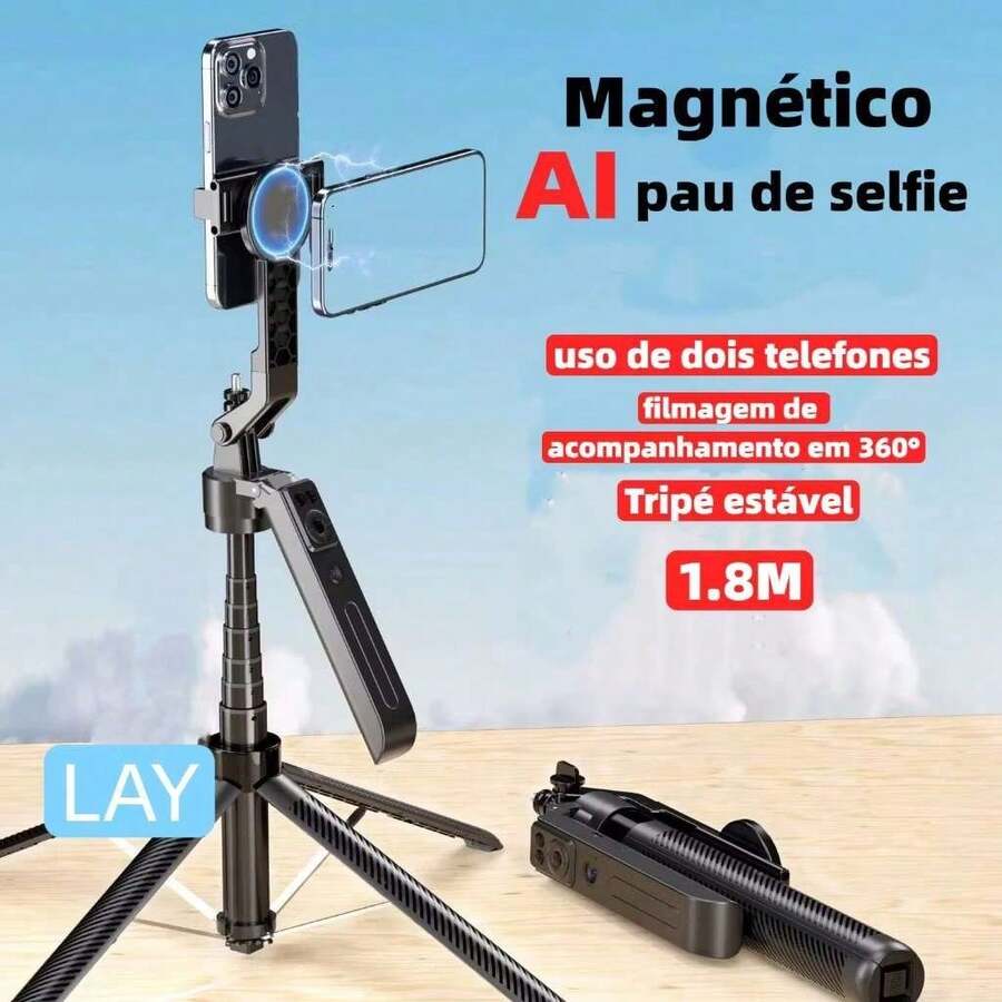 Tripé 1.8 Metros Magnético Bastão de selfie Com Rastreamento Facial de IA com câmera dupla 360° LAY C12C - Preto - Visão 1