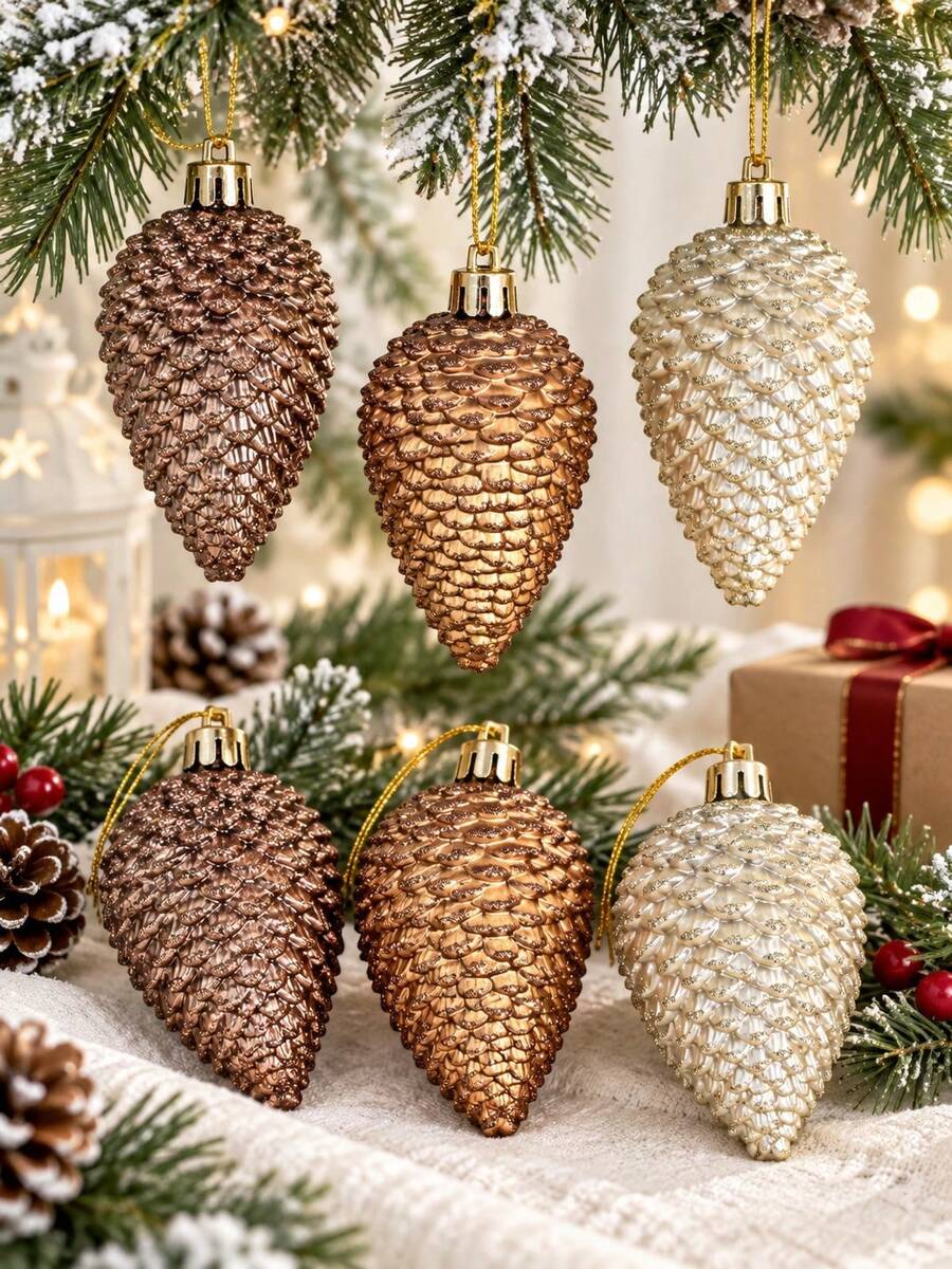 12pcs Pine Cone Christmas Decoration Set, Mixed Brown, Champagne And ...