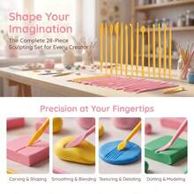 14pcs Plastic Clay Sculpting Tools, Yellow & Pink 2-Color Polymer Clay Shaping Tools, Multi-Shape Carving And Molding Tools, DIY Pottery Embossing Craft Supplies, Suitable For Children, Beginners And Handmade Creations, Portable - Multicolor - View 2