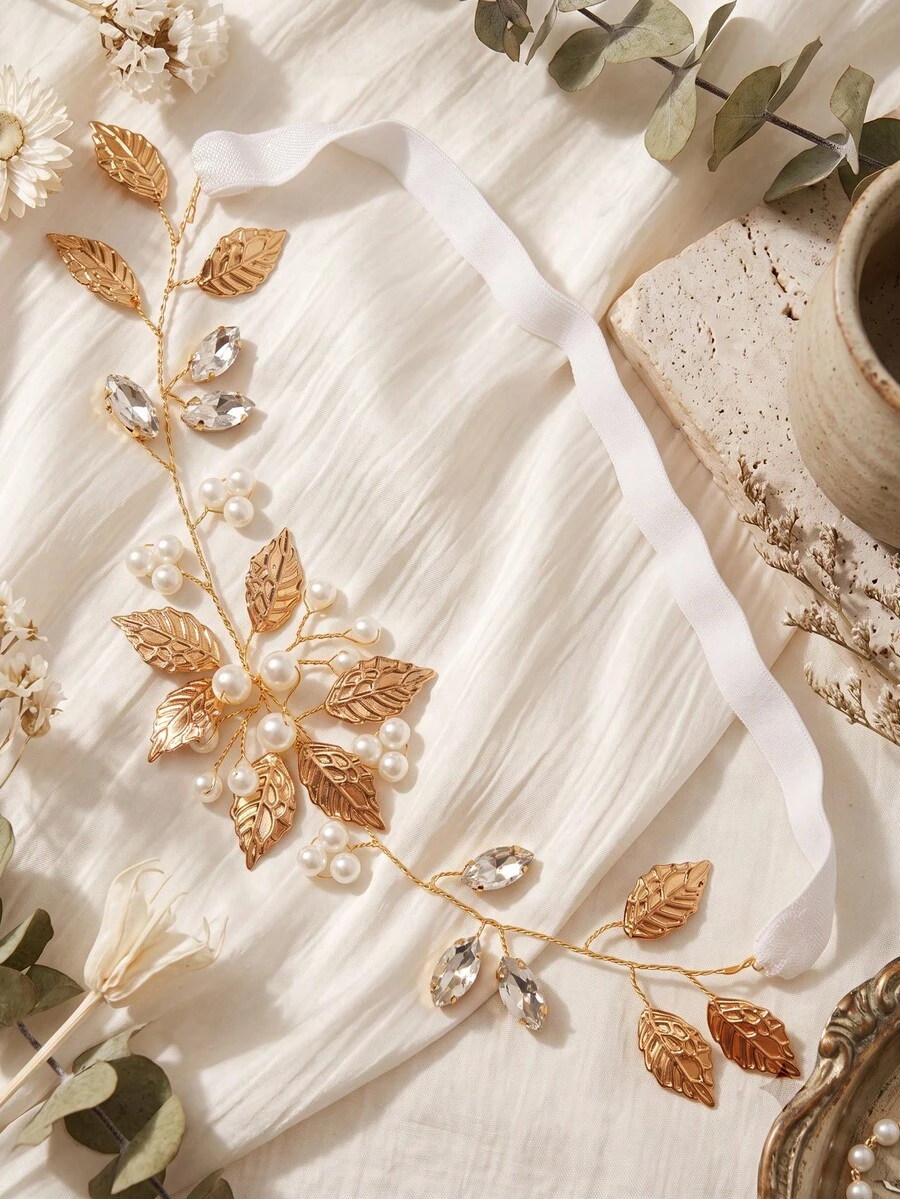 1pc Boho Golden Leaf Faux Pearl Bridal Garter, Rhinestone Wedding Thigh Band Elastic Leg Ring For Brides - Gold - View 1