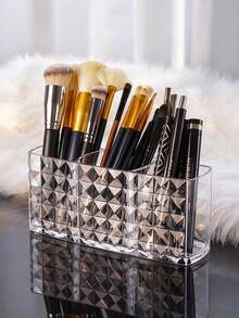 1pc Acrylic Makeup Brush Holder, 3-Compartment Cosmetic Storage Box, Pen Holder For Dormitory And Bedroom, Back To School Essential - Clear - View 2