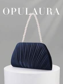 OpulAura 女款優雅人造珍珠手提包，緞面布料，浪漫婚禮包，精緻迷人的晚宴包，適合正式禮服，百褶設計細膩女包，適用於晚宴/舞會/生日派對/正式活動及其他場合，適合作為節日禮物 - 藏蓝色 - 查看 6