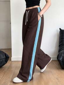 1pc Girls Teenager Casual Loose Straight Leg Wide Leg Pants With Side Stripe Design, Relaxed Outdoor Sports Style, Versatile Daily Commute Long Trousers - Brown - View 5