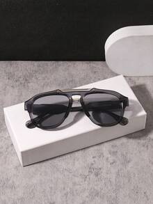 1 PC Men's Lightweight Aviator Fashion Glasses Double Beam Frame Gold Bar Decor Retro Chic For Commuting Vacation Outing With Glasses Box - Multicolor - View 3