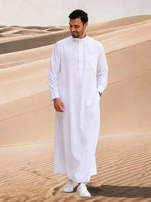 Solid Color Stand Collar Long Loose Robe, Versatile Elegant Men's Dress, Comfortable Home & Outdoor Wear - White - View 1