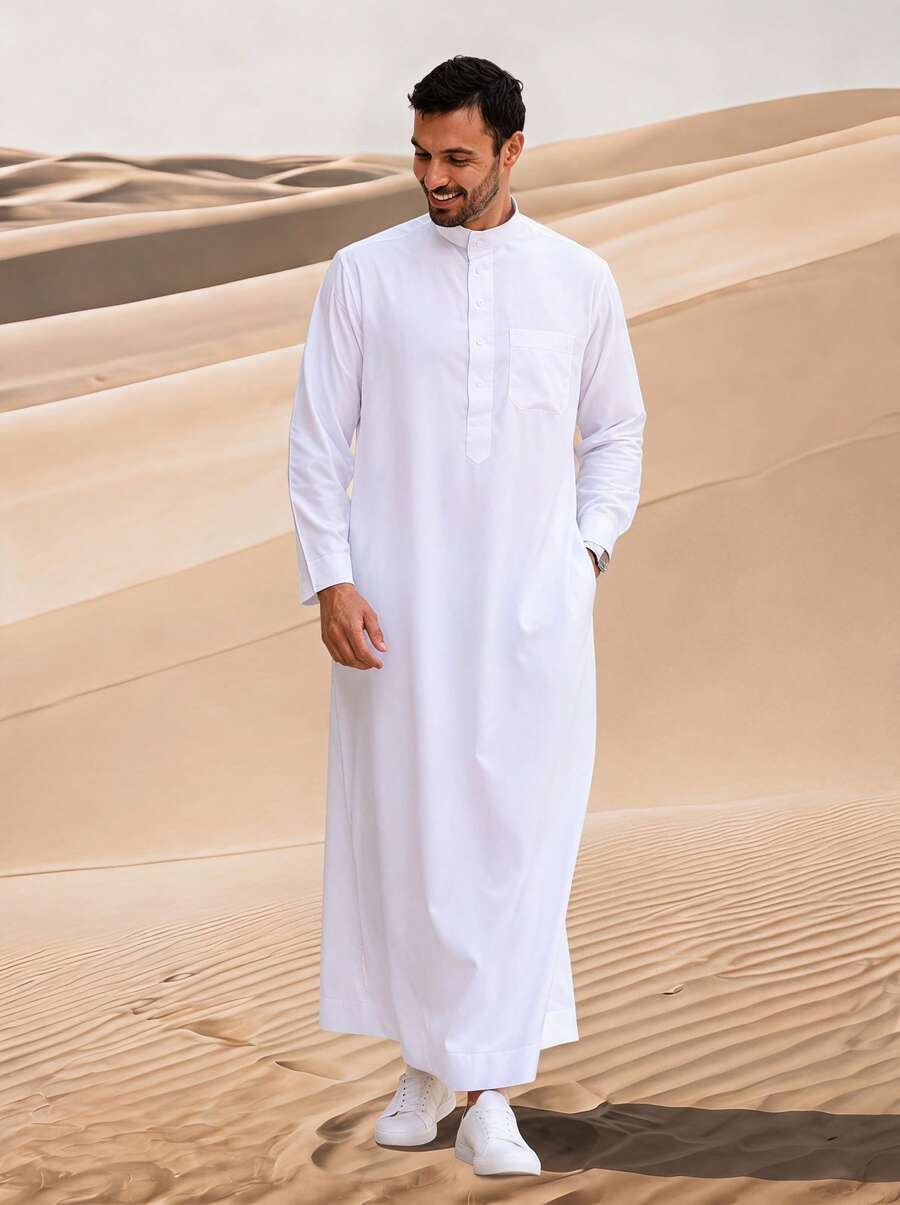 Solid Color Stand Collar Long Loose Robe, Versatile Elegant Men's Dress, Comfortable Home & Outdoor Wear - White - View 1