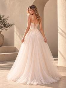 VIPGIRL Elegant Long-Sleeve Mesh Evening Gown For Women, Featuring Appliqué And Spaghetti Straps, Perfect For Prom And Special Occasions - Champagne - View 2