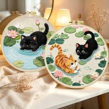 15*15cm/5.9*5.9in 20*20cm/7.9*7.9in,Mischievous Cats Embroidery Kit, DIY Handmade Embroidery Set For Adult Beginners, Home Gift, Women's Sewing Gift, Including User Manual, Printed Pattern Fabric, Embroidery Frame, Needle And Thread. - Mischievous Cats - View 2