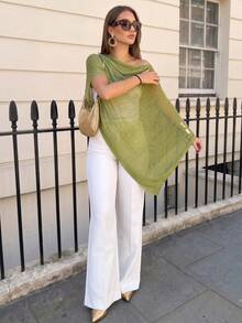 Fashionable & Plus Size Elegant Loose Knit Shawl Cardigan, Women's, Oversized Fit, Lightweight, Very Stylish, Suitable For Spring/Summer Daily Wear, Casual Travel, Beach In Various Styles Vacation - Green - View 4