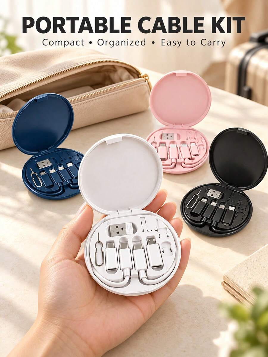 9-In-1 Multifunctional 66W Fast Charging Storage Box, Can Store Type-C Charging Cable + Micro Charging Head + Lightning Charging Head + USB Head + 3 SIM Card Slots + SIM Ejector Pin, Multi-Charging Cable Storage Box, Can Be Used As Converter Device, Includes Travel Card Slot, Back Can Be Used As Phone Stand, Compatible With Iphone 17/16/15/14 Series, And Other Charging Devices. - Multicolor - View 1