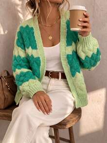 Just Masa Women's Autumn/Winter Casual Colorblock V-Neck Knit Cardigan, Loose Long Sleeve Ribbed Knit Jacket, Suitable For Daily Wear, Outings, Halloween, Travel - Green - View 5