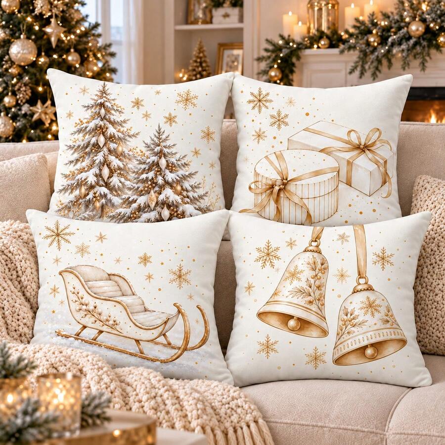 4pcs Ivory & Champagne Gold Christmas Pillow Covers, Tree Gift Bell & Sleigh Print, Elegant Square Cushion Cases For Sofa Bedroom Holiday Home Decor, Inserts Not Included - Multicolor - View 1
