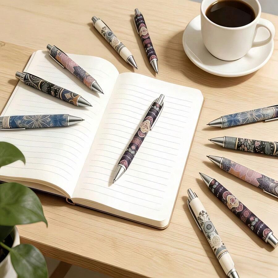 12pcs Bohemian Pattern Retractable Ballpoint Pens, Vintage Pop Print Smooth Writing Metal Click Pens, Aesthetic Stationery Gift Set, Suitable For Women, Students, Office And School Supplies - Pen - View 1