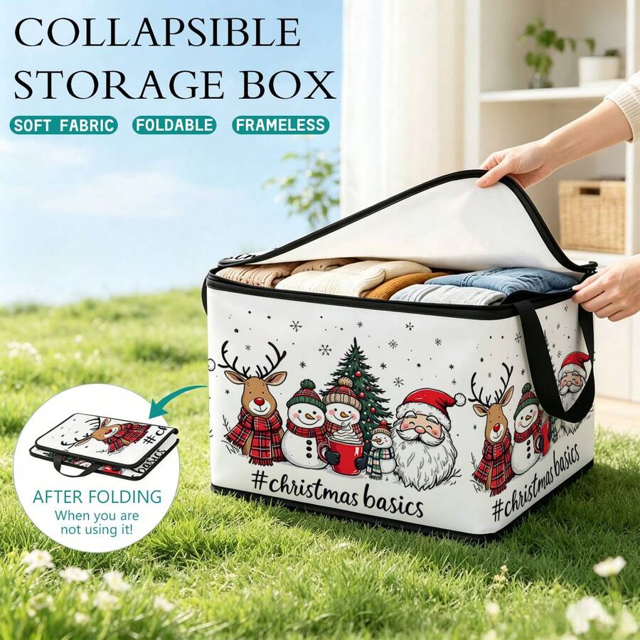 1pc 2D Foldable Zipper Storage Bag, Christmas Family Photo Print, Thickened Large Capacity Organizer With Reinforced Handle, Suitable For Clothes, Bedding, Cosmetics, Wardrobe, Under Bed Storage, Car Trunk, Office Moving.