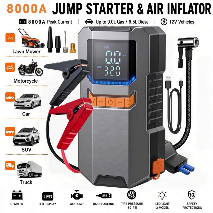 Car Jump Starter With Air Pump, Portable Car Battery Starter, 150PSI Auto Shut-Off Tire Inflator, 12V Ultra- Lithium Car Battery Jump Starter