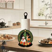 Suitable For All Four Seasons Gift, 2D Flat Printing 1PC Kitchen Paper Towel Holder - Christmas Theme Wreath Design Desktop Kitchen Paper Towel Rack, Snowman Reindeer Christmas Tree Shaped Countertop Paper Towel Storage Rack, Material Does Not Include Paper Towels, Storage Rack For Kitchen Bathroom Living Room Dining Room, Holiday Atmosphere Decoration, This Product Does Not Include Paper Towels, Base Made Of Durable Wooden Material - Multicolor - View 3