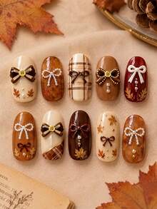 2 Sheets Fall Bow Nail Stickers, Cute Brown Bowknot Daisy & Button Nail Art Decals, Autumn Theme Manicure Decorations, DIY Nail Design Accessories For Women - Multicolor - View 6