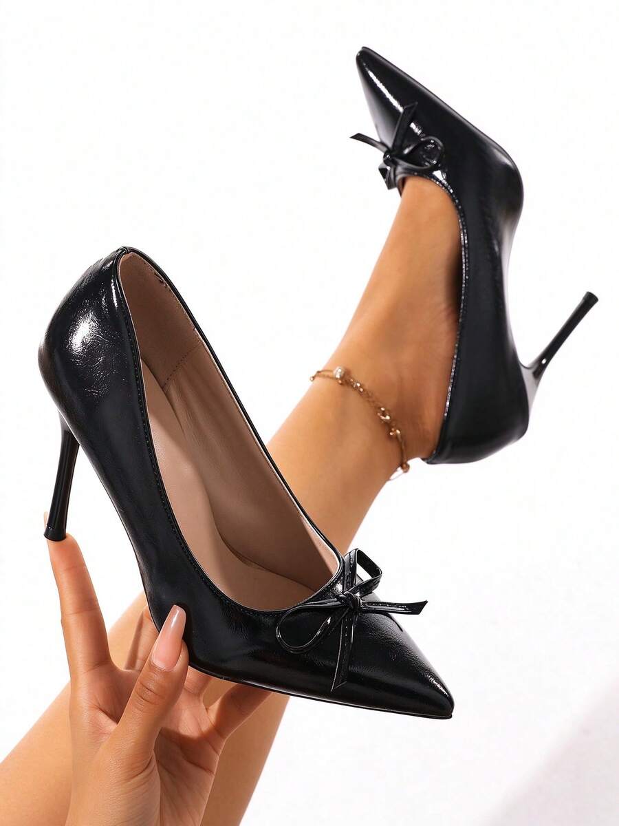 Women's Pointed Toe Bow Decor Daily Versatile Fashion High Heels - Black - View 1
