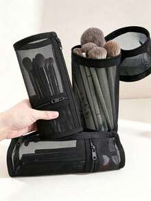 2/1pc New Mesh Dual-Purpose Makeup Brush Storage Bag, Portable Zipper Pencil Case, Suitable For Travel And Daily Use, Multi-Functional Makeup Bag, Desktop Storage Essential - Multicolor - View 3