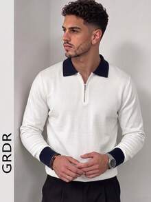 GRDR Men's Patchwork Slim Fit Regular Shoulder Zip-Up Collar Long Sleeve Sweater - White - View 5
