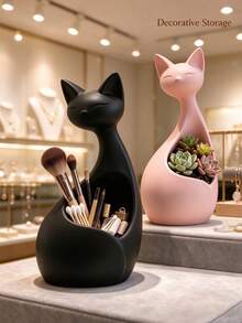 Cute Cat-Shaped Ceramic Multi-Functional Succulent Planter, Jewelry & Pen Holder, Desktop & Windowsill Decor, Home & Office Gift - Multicolor - View 4