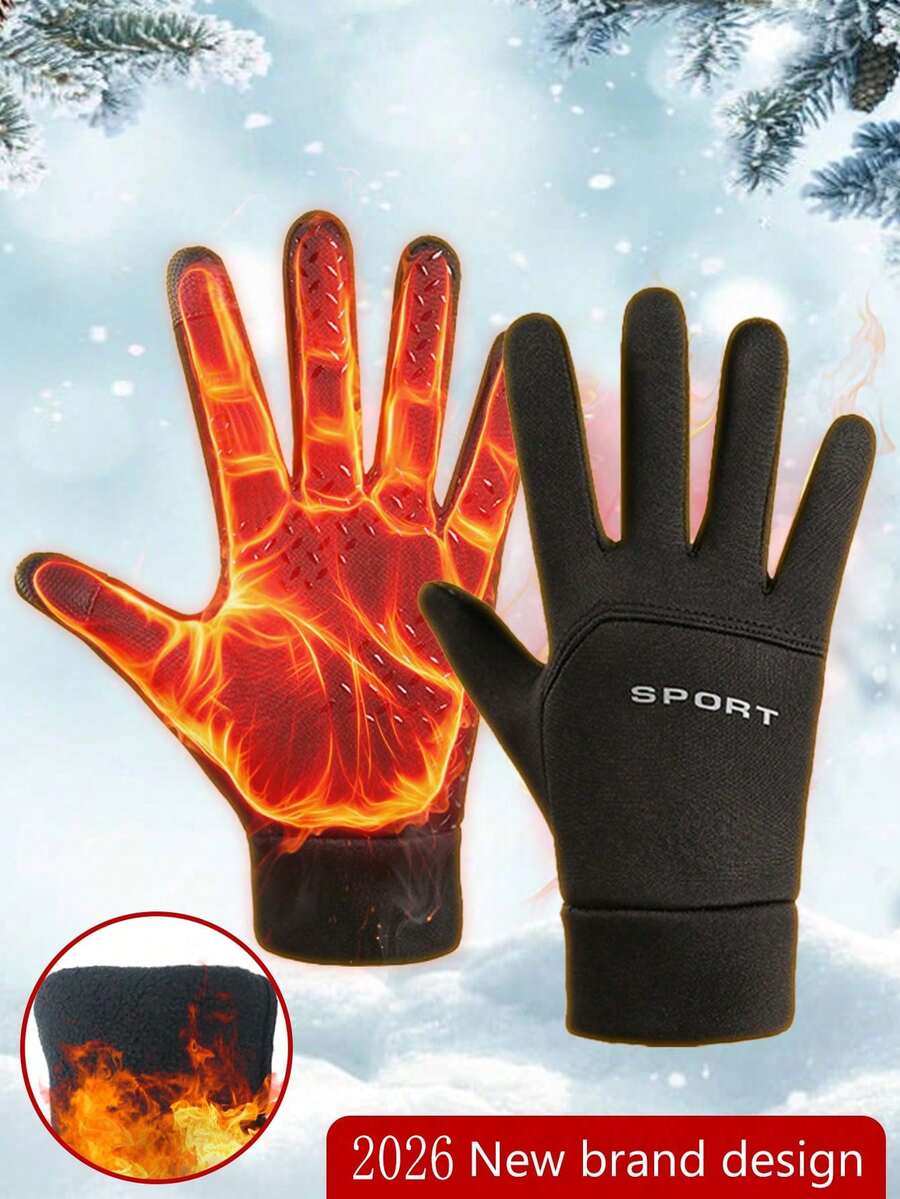 Unisex Winter Outdoor Sports Cycling Warm Gloves, Letter Decor, Windproof, Waterproof, Warm Lining - Multicolor - View 1