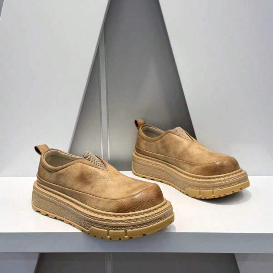 Men's Thick Platform Slip-On Shoes, Retro Casual Commuter Loafers - Khaki - View 1