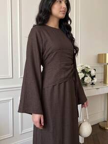 1pc Set (Excluding Headscarf) Elegant Drawstring Fashion Abaya Modest Long Dress, Skin-Friendly Comfortable For Party, Wedding, Ramadan - Brown - View 3