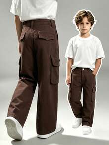 Love Baby 2-8Years Young Boy Coffee Brown Wide Leg Multi-Pocket Cargo Jeans, Versatile Adjustable Waist Loose Fit Denim Work Pants, All Season Wear - Coffee Brown - View 2