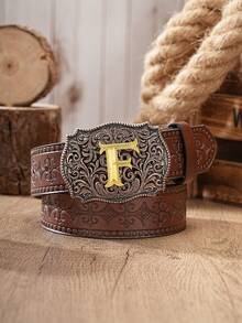 1pc Western Cowboy Style Belt With Letter Embossed Metal Buckle, PU Leather Embossed Belt, Unisex (Includes 1 Hole Puncher) - Coffee Brown - View 28