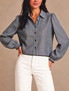 Women's Black White Gingham Puff Sleeve Cropped Shirt, Collared Front Button, Scalloped Trim Hem & Cuffs, Spring Autumn For Office Vacation Daily Wear - Black and White Checkered - View 1