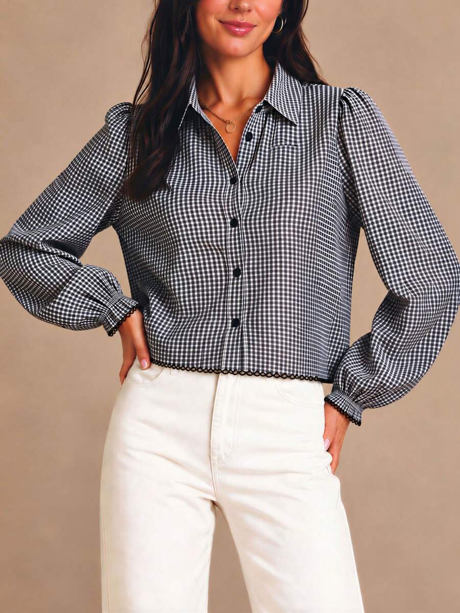 Women's Black White Gingham Puff Sleeve Cropped Shirt, Collared Front Button, Scalloped Trim Hem & Cuffs, Spring Autumn For Office Vacation Daily Wear - Black and White Checkered - View 1