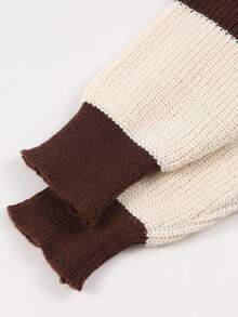Teen Boys American Retro Colorblock Brown & White Striped Sweater, Loose Fit Drop Shoulder Collared Button-Up Knit Top - Brown - View 9