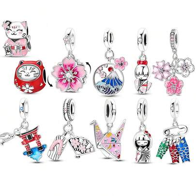 1pc Silver-Plated Japanese Culture Series Sakura Kimono Lucky Cat Mount Pendant Bead, Suitable For Bracelet Necklace DIY Jewelry Making, Travel Souvenir Gift